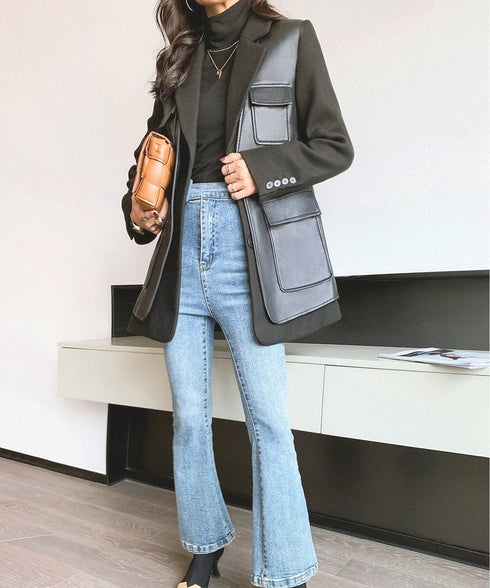 Faux Leather Panel Tailored Jacket